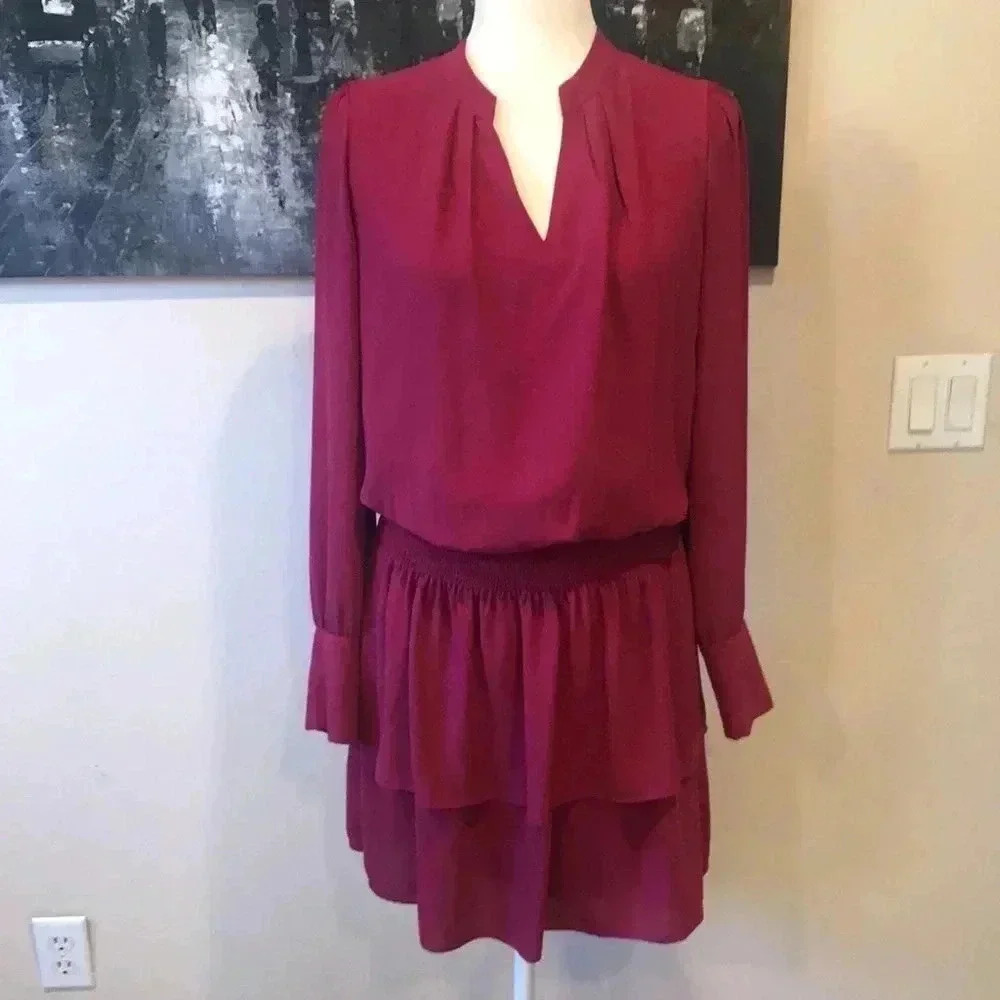 WHBM Burgundy Sheer Ruffle Dress w/Wide Elastic Waist 4 Button Long Sleeve-Small